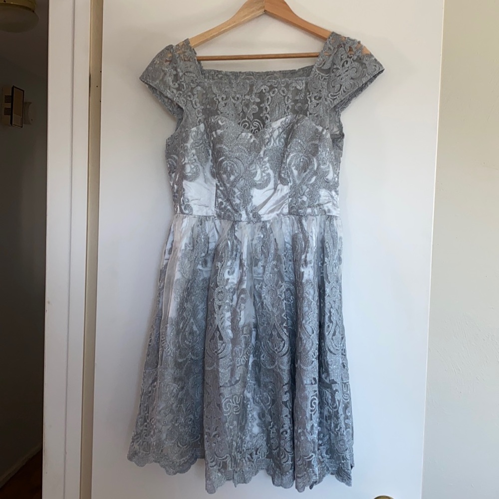 Silver shimmery Lulu’s dress perfect for the holidays